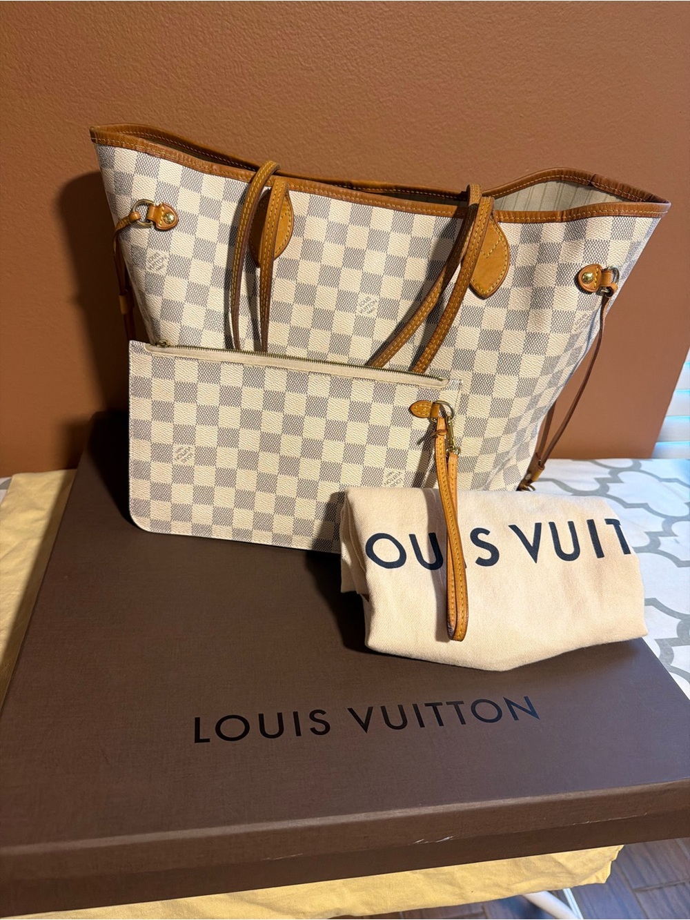 Louis Vuitton Damier Azur Tote with Vachetta Trim in White and Tan